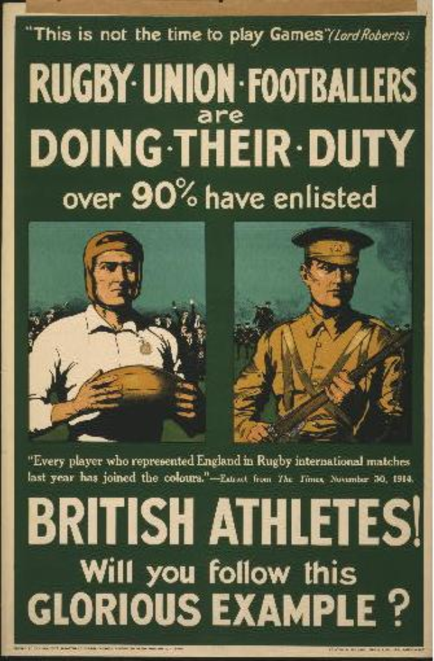 Ein Vintage-Plakat zeigt zwei Rugbyspieler, die ihren Militärdienst antreten, und gibt an, dass über 90% der britischen Athleten eingezogen haben.