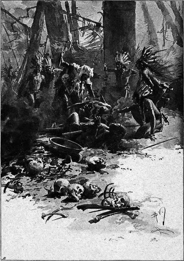 Schwarze und weiße Illustration einer Gruppe von Menschen in einem Waldgebiet mit verstreuten Schädeln und Gegenständen, betitelt "Der Tod eines amerikanischen Ureinwohners" unten.
