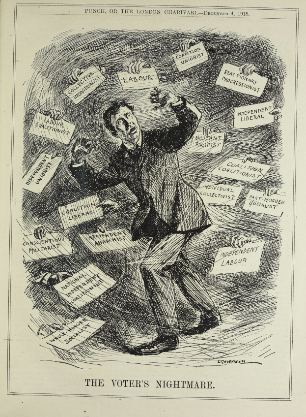 Ein Blatt mit einer Zeichnung eines Mannes in Anzug und Krawatte, der ein Schild hält, auf dem "Der Albtraum des Wählers" steht, mit entschlossener Miene.