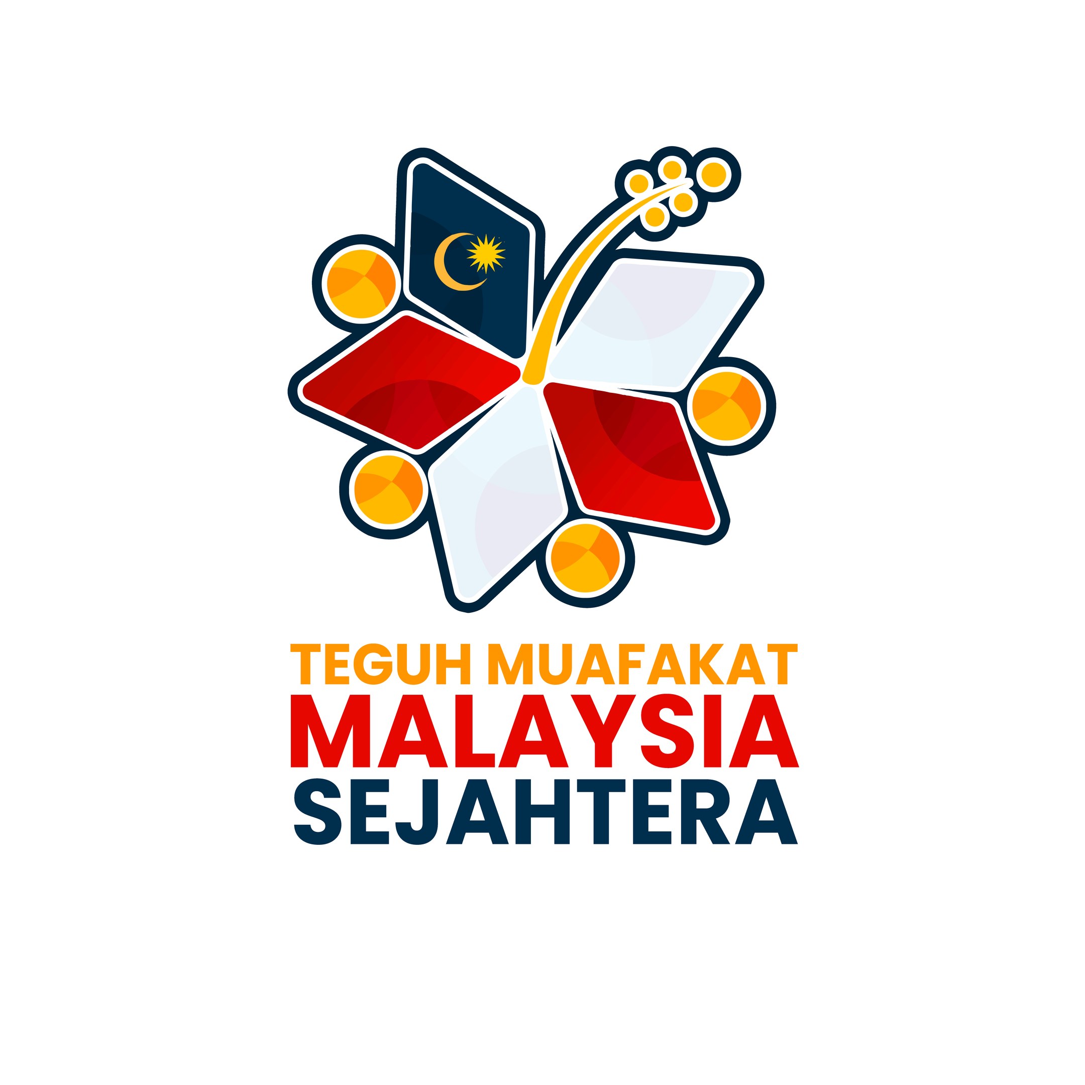Logo mit Text "Teguuh Muafakat Malaysia Sejahtera" in fetter schwarzer Schrift auf weißem Hintergrund, zeigt eine farbenfrohe Blume mit gelbem Zentrum und blau-weißen Streifen auf den Blütenblättern, umgeben von einem gelben Kreis mit weißer Umrandung.