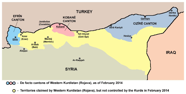 Detailierte Karte von Syrien und dem Irak, die das Ausmaß ihres Konflikts hervorhebt, einschließlich Grenzen, wichtigen Städten und Gewässern, begleitet von erklärendem Text.