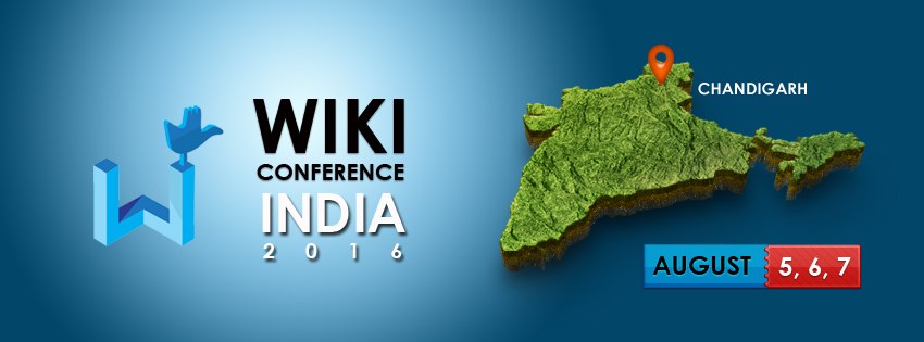Eine Karte von Indien mit dem Text "Wiki Conference India 2016" über Chandigarh, das den Ort des Ereignisses hervorhebt.