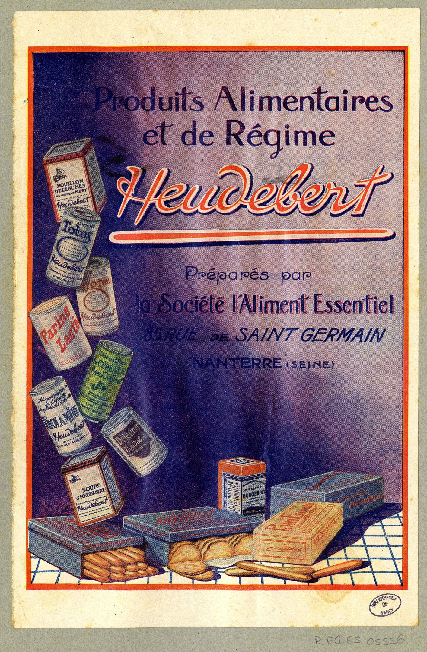 Plakat mit der Aufschrift "Heidelberg - Produkte alimentaires et de régime Heidelberg" zeigt verschiedene Lebensmittel, Schachteln und Gegenstände.