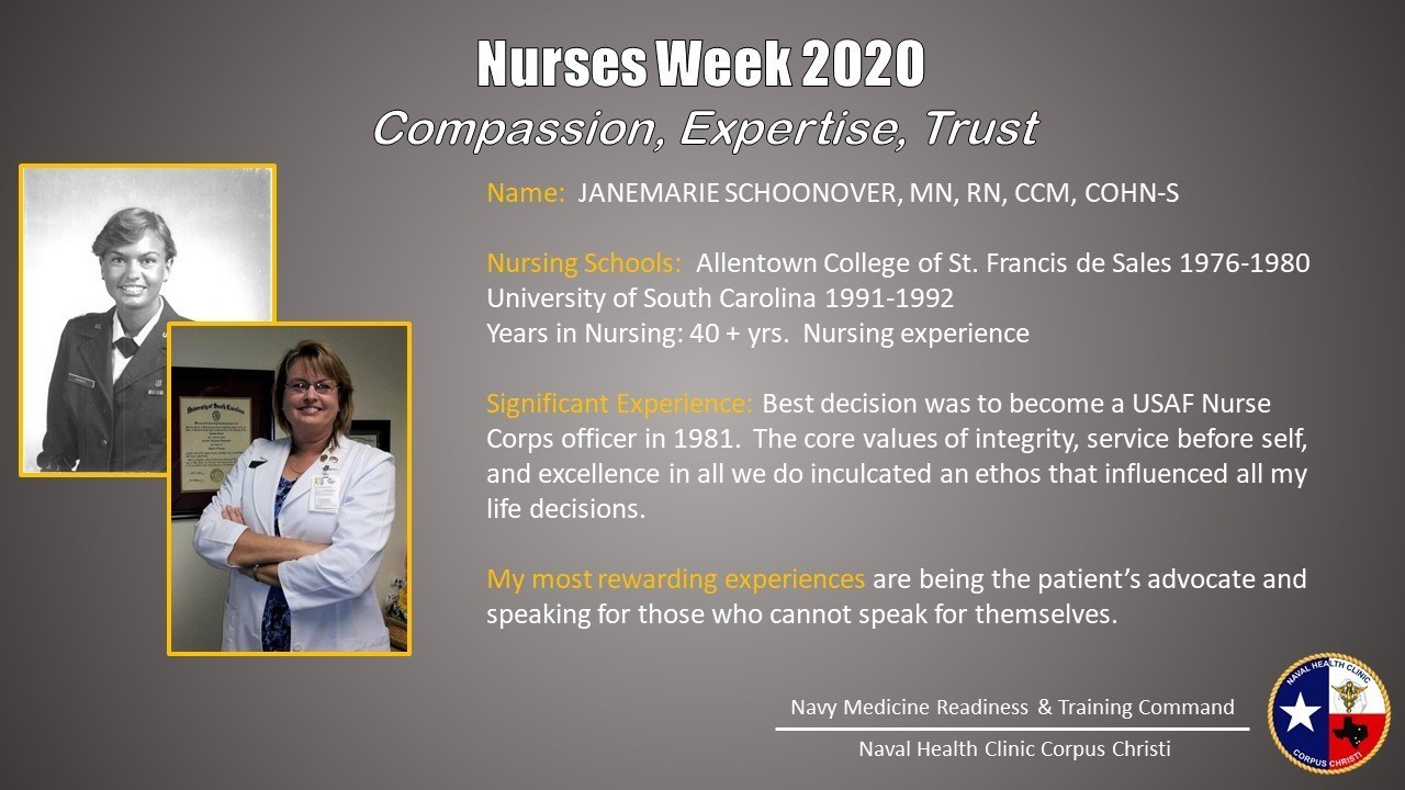 Plakat für Nurses Week 2020 mit zwei Fotos von Krankenschwestern auf der linken Seite und dem Text "Mitgefühl, Expertise, Vertrauen" auf der rechten Seite, das ein Logo in der rechten unteren Ecke enthält.