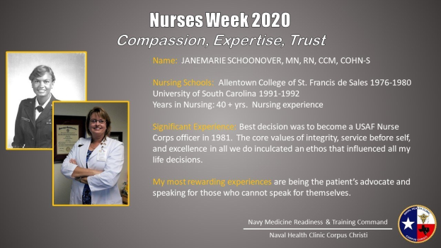 Plakat für Nurses Week 2020 mit zwei Fotos von Krankenschwestern auf der linken Seite und dem Text "Mitgefühl, Expertise, Vertrauen" auf der rechten Seite, das ein Logo in der rechten unteren Ecke enthält.