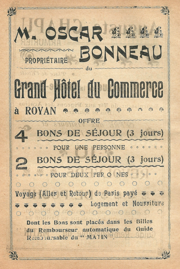 Schwarze und weiße Anzeige für das Grand Hotel du Commerce in Paris, die den Text der Hoteldienstleistungen präsentiert.