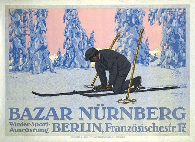 Plakat zum Bazar Nürnberg Winter Sport in Berlin, Deutschland, mit einer Person beim Skifahren im Hintergrund und Text auf dem Plakat.
