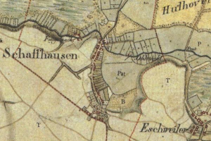 Ein detaillierter alter Stadtplan von Schaffhausen, Deutschland, der Straßen, Gebäude und Sehenswürdigkeiten mit Text und Nummern zeigt.