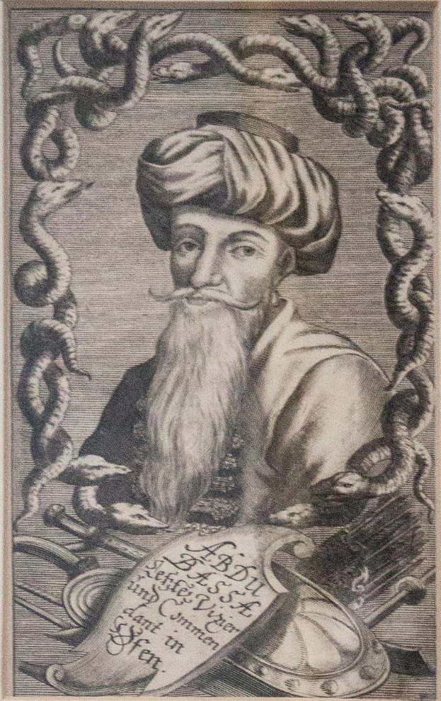 Gravur eines b├Ąrdigen Mannes in einem Turban, umgeben von einer Schlange, mit Text unten: 'Abdul Jassa, der Gründer des islamischen Glaubens.'