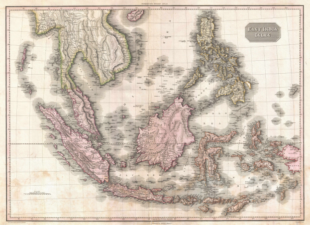 Alte Karte von Südostasien mit Provinzen Malaysias und Indonesiens, auf Papier gedruckt mit Text oben und unten.