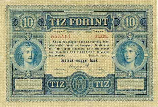 Alte 10-Forint-Ungarische Banknote von 1923 mit einem Porträt einer Frau in sehr gutem Zustand.