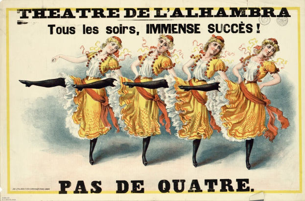 Plakat für das Theatre de l'Alhambra in Paris mit einer Gruppe tanzender Frauen in bunten Kleidern und strahlenden Gesichtern sowie Text.