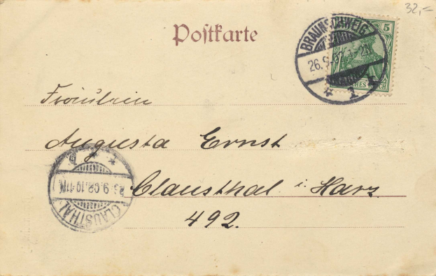 Alter Umschlag mit österreichischer Marke (5c) von Österreich nach Deutschland, adressiert an Österreich, mit zusätzlichem Text und zwei Marken.