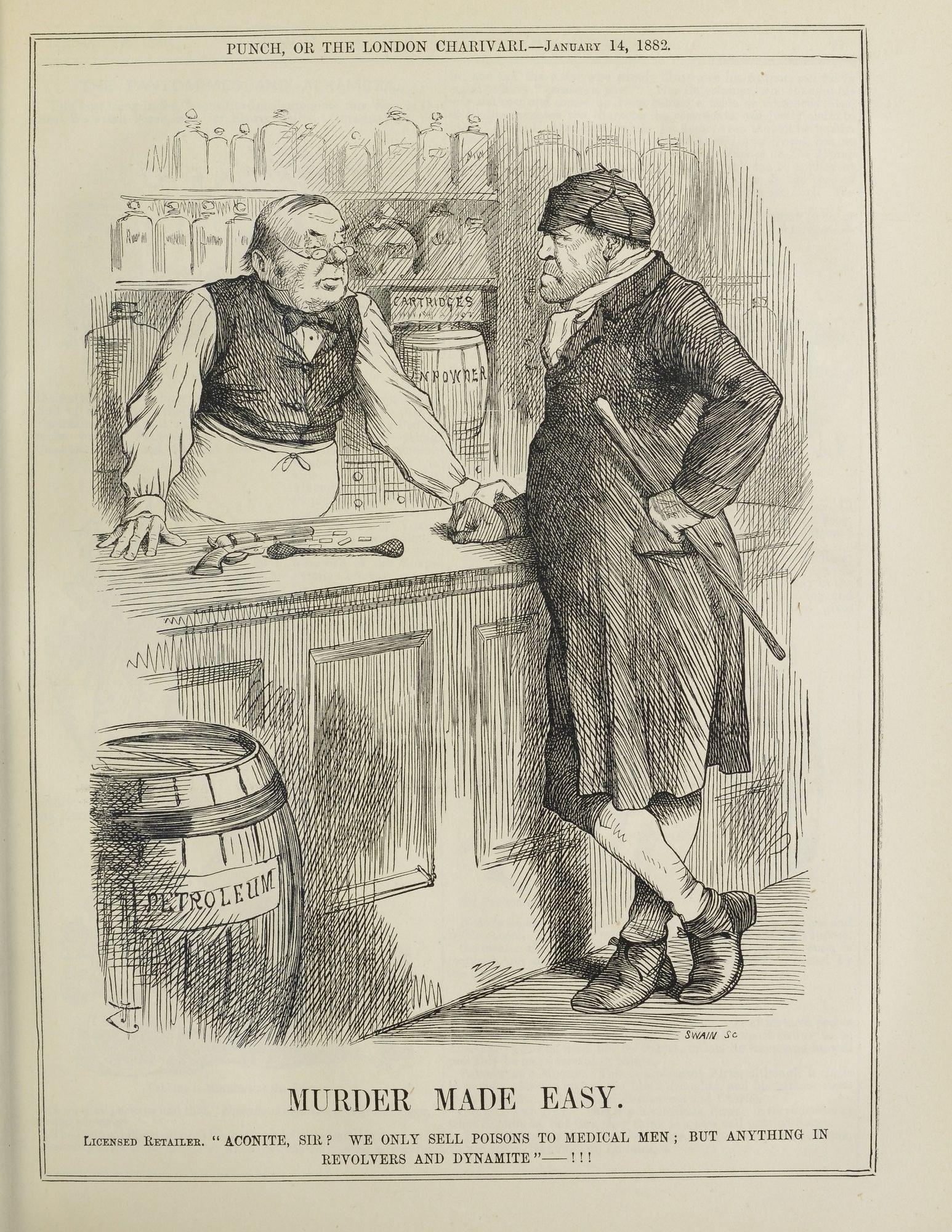 Illustration eines alten Buchumschlags mit einem Mann und einer Frau an einer Bar, mit einem Stock in der Hand des Mannes, einem Tisch mit Gegenständen und der Beschriftung "Mord ist einfach" unten.