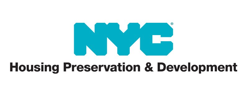 Weißer Hintergrund mit zentralem fetten schwarzen Text "NYC Housing Preservation & Development" in einer modernen Schriftart, umgeben von einem dünnen schwarzen Rand.