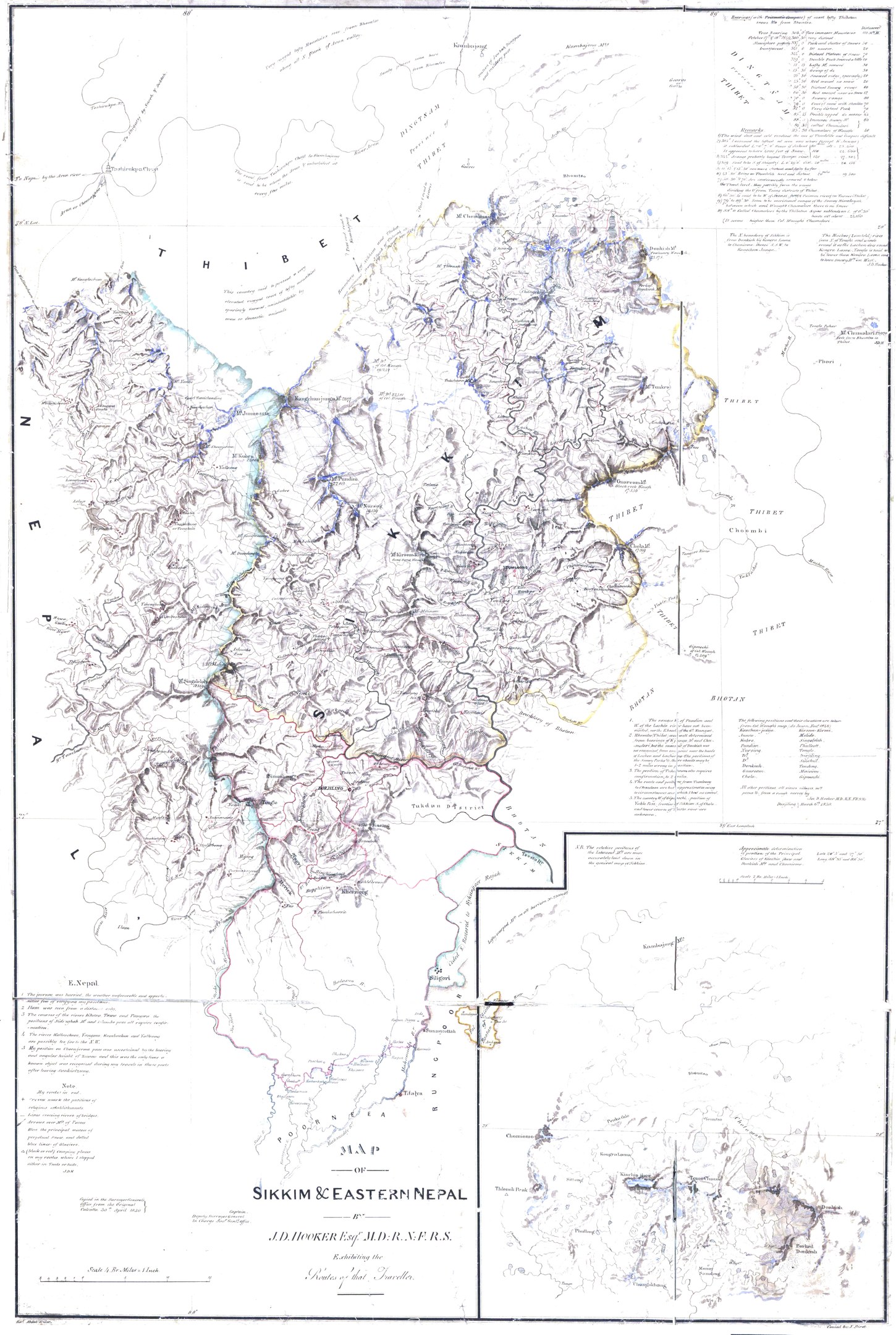 Topografische Karte von Sikkim und Ostnepal in den Himalayas mit Text oben und unten.