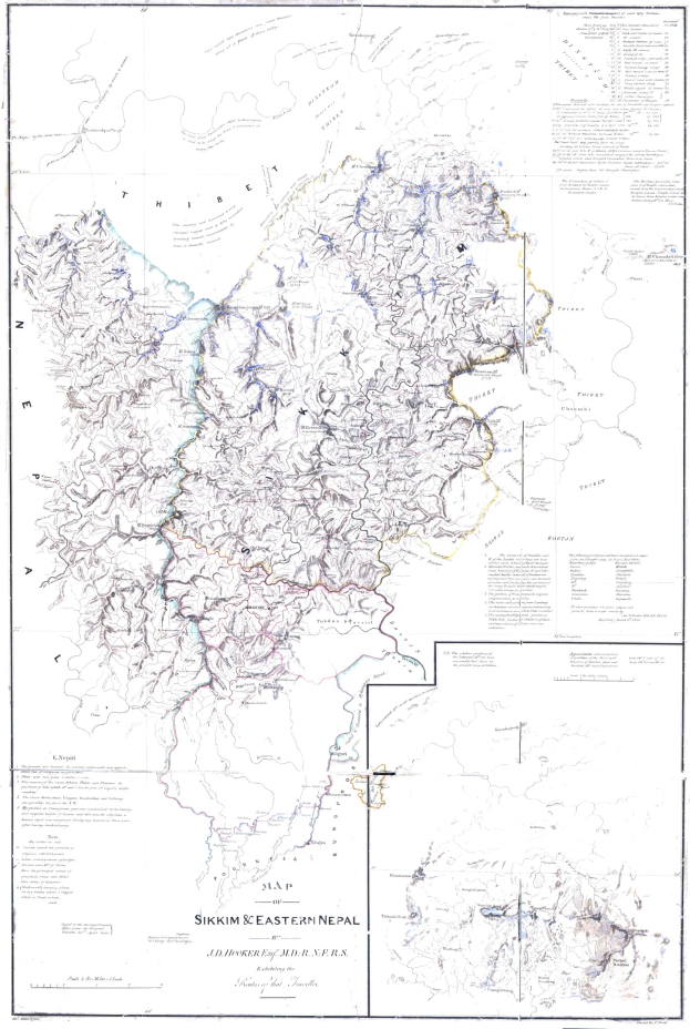 Topografische Karte von Sikkim und Ostnepal in den Himalayas mit Text oben und unten.