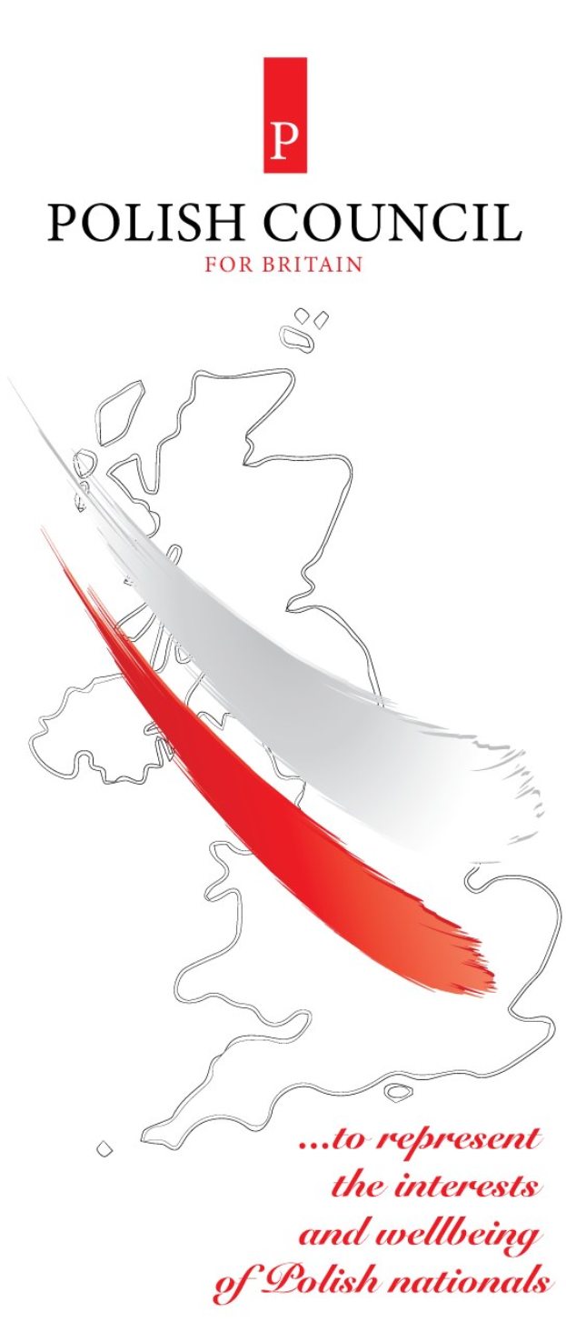 Plakat für den polnischen Rat für Großbritannien mit einem blauen Schild-Logo mit einem weißen Stern und einem weißen Rand sowie fetter schwarzer Schrift, die 'Polnischer Rat' lautet.