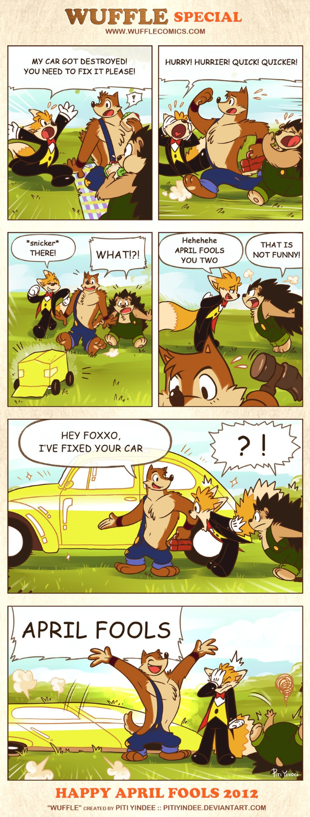 Comic-Strip-Plakat mit der Überschrift "April Fools", das einen Cartoon-Mann und -Frau in einem hellblauen Himmel mit weißen Wolken zeigt, einer gestikuliert mit den Händen, Text in fetter schwarzer Schrift.