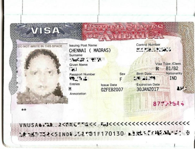 Falscher indischer Visumspass mit einem Frauenfoto und sichtbarem Text und Zahlen.