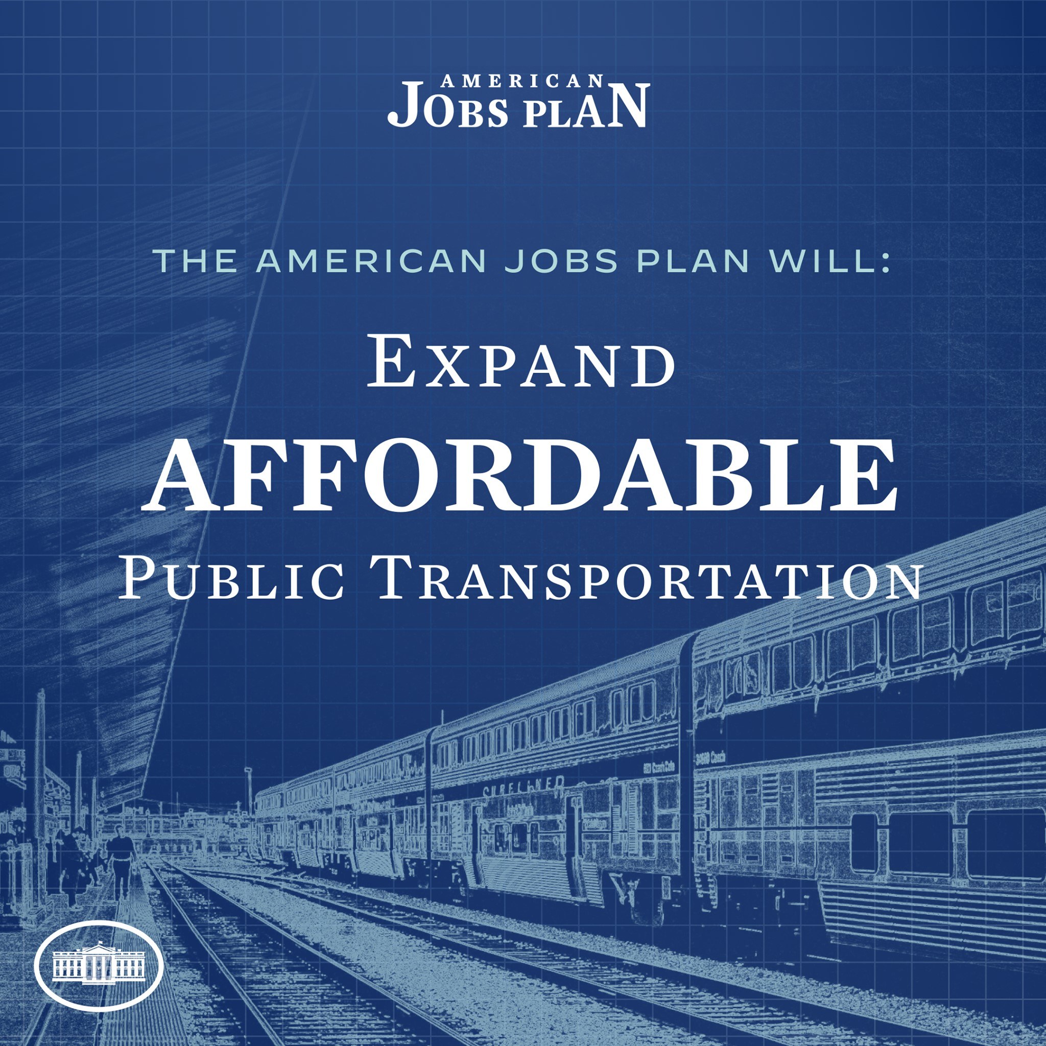 Plakat mit einem Zug auf einer Eisenbahnschiene mit mehreren Menschen in der Nähe, begleitet von einem Text, der besagt: "The American Jobs Plan Will Expand Affordable Public Transportation."