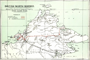 Detailierte Straßenkarte von Nordborneo mit Städten und geografischen Merkmalen mit Text über das Eigentum der Chartered Company.