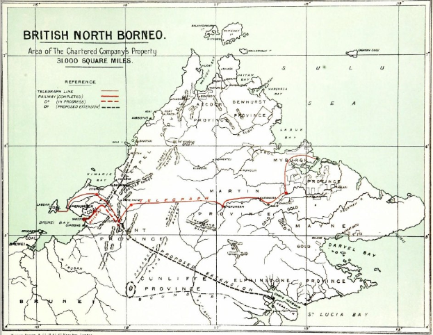 Detailierte Straßenkarte von Nordborneo mit Städten und geografischen Merkmalen mit Text über das Eigentum der Chartered Company.