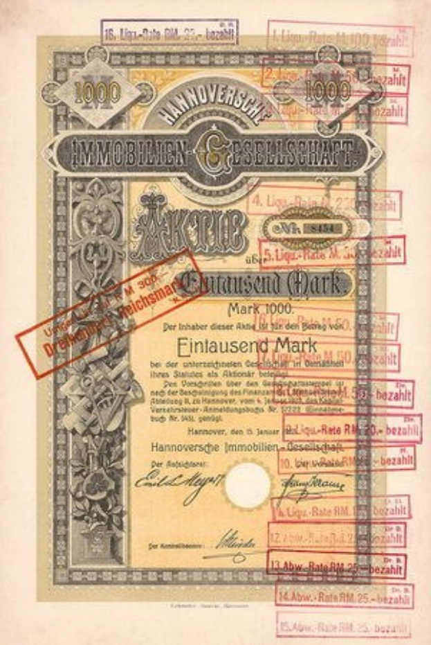 Altes deutsches Aktienzertifikat mit rotem Regierungsstempel, das gedruckten Text, Zahlen und zusätzliche Stempel enthält.
