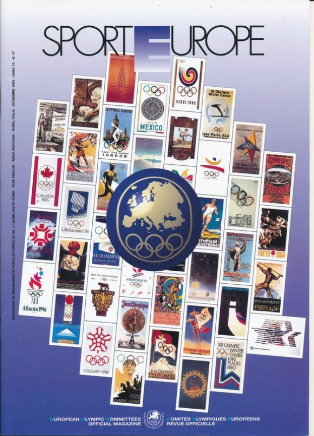 Ein Buchumschlag mit dem Titel "Sporting Europe", der farbenfrohe olympische Motive, Symbole und Texte zeigt.
