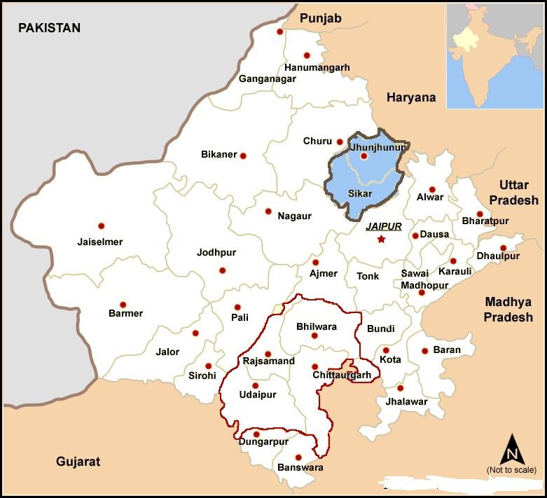 Politische Karte von Uttar Pradesh, Indien, mit der Hauptstadt Jammu und Kashmir hervorgehoben, mit Städten, Ortschaften und geografischen Merkmalen.