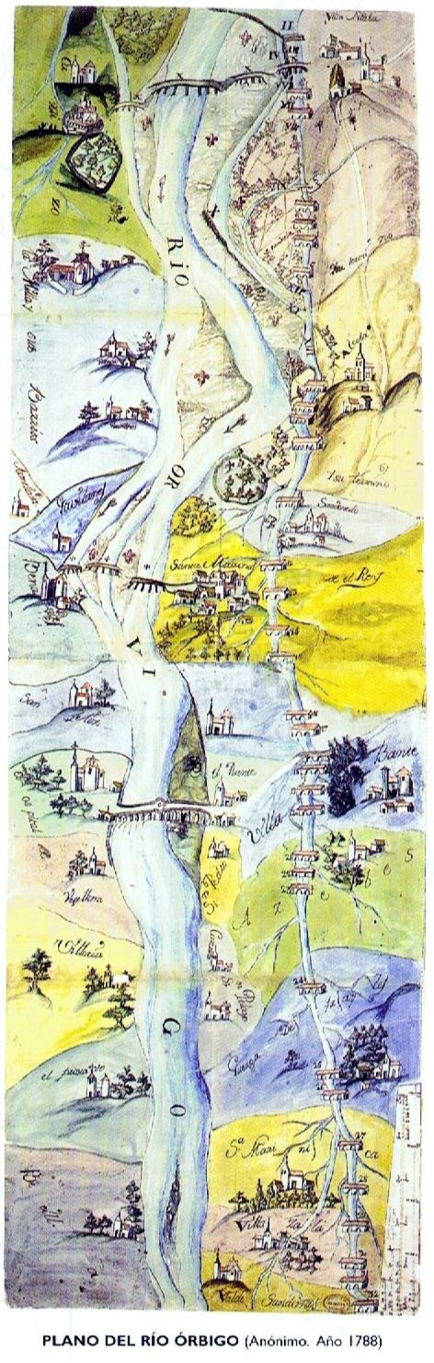 Ein detaillierter Stadtplan von San Miguel de Allende, Mexiko, mit Straßen, Gebäuden und einem Fluss, sowie informativem Text unten.