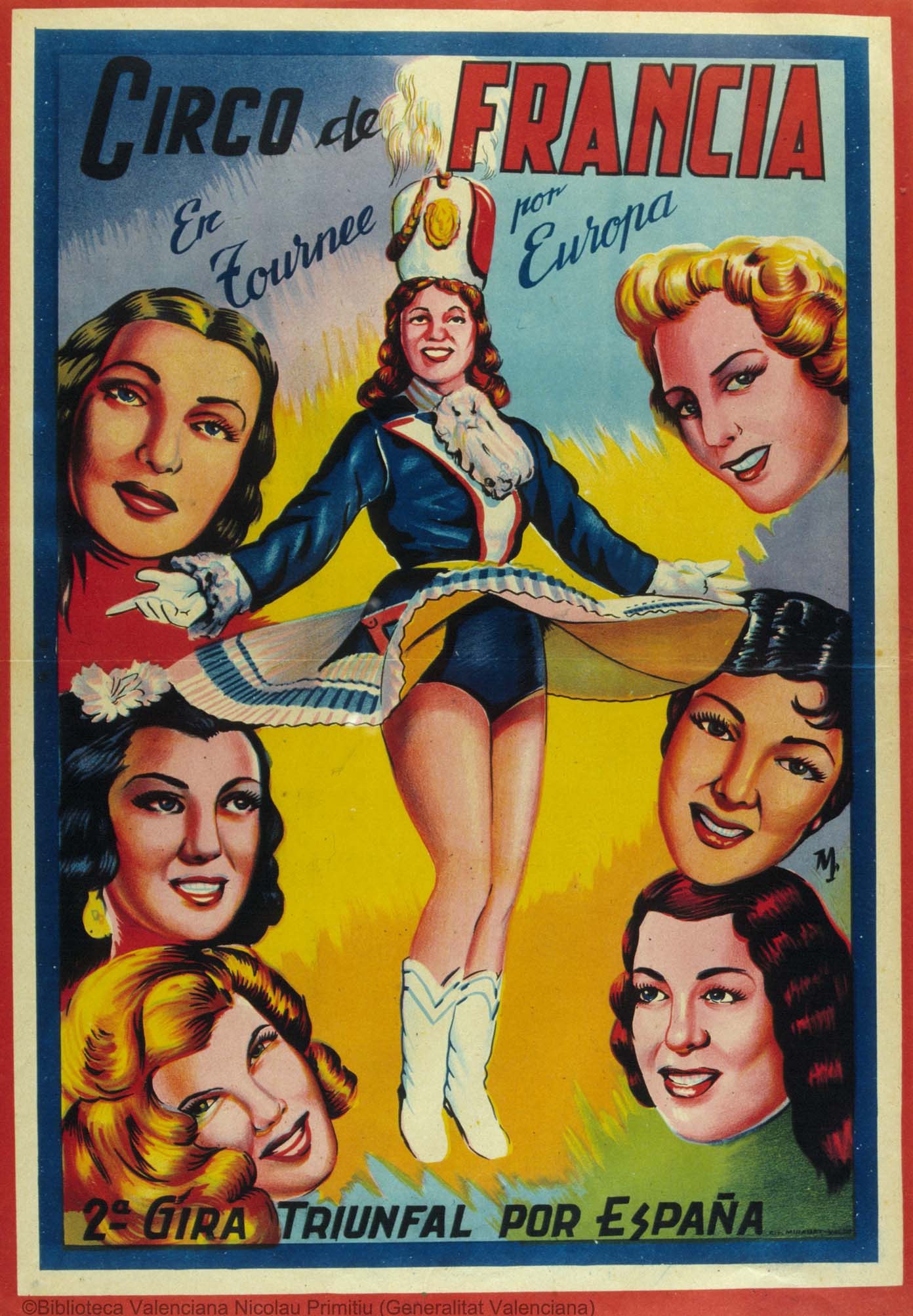Filmplakat für "Circo de Francia" mit einer zentralen Frau umgeben von kleineren Bildern anderer Frauen und Text.