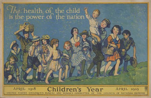 Ein Plakat mit Kindern, die mit Körben stehen, mit der Aufschrift "Die Gesundheit des Kindes ist die Macht der Nation", betont die Bedeutung der Kindergesundheit für die nationale Stärke.