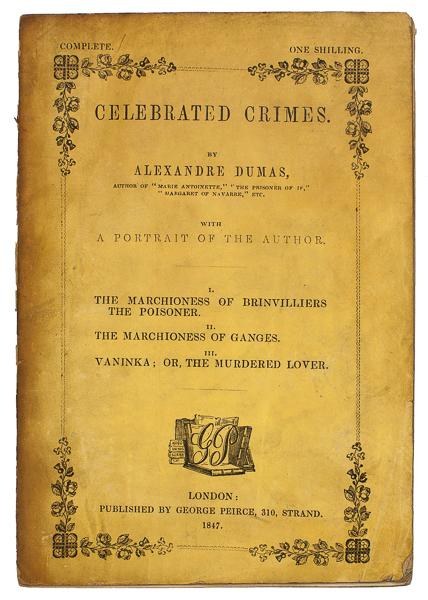 Altes Buch mit dem Titel "Feierliche Verbrechen" von Alexandre Dumas mit einem Autorporträt auf dem Cover mit detaillierten Entwürfen.