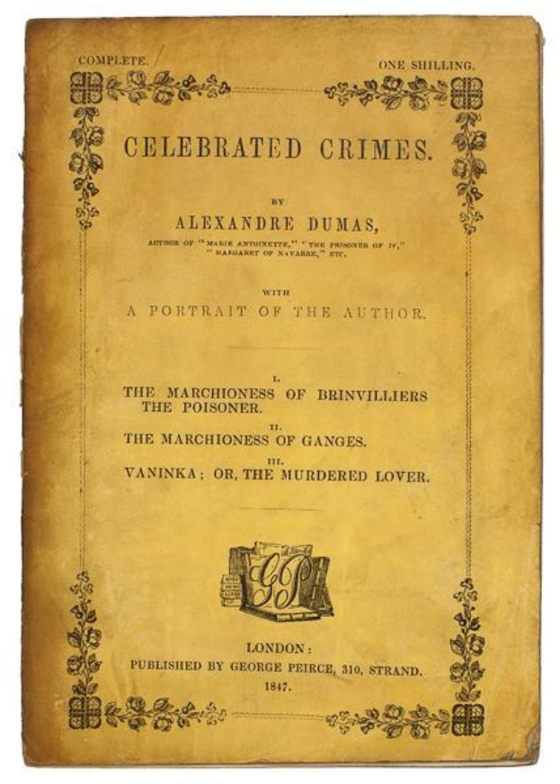 Altes Buch mit dem Titel "Feierliche Verbrechen" von Alexandre Dumas mit einem Autorporträt auf dem Cover mit detaillierten Entwürfen.