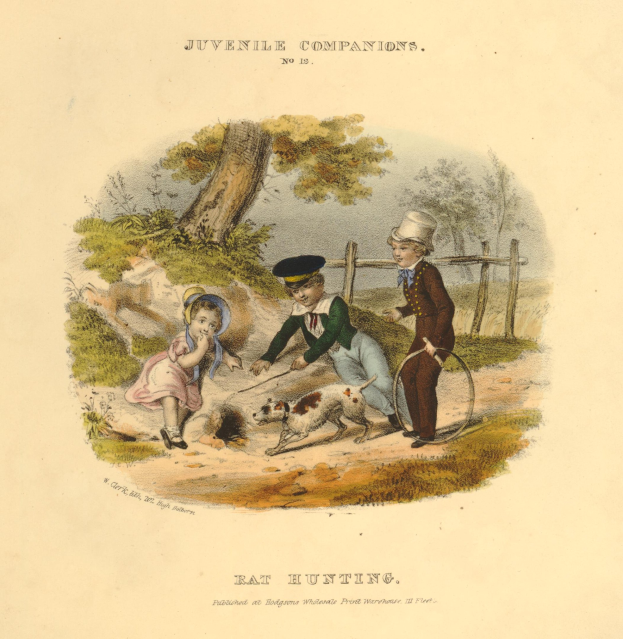 Eine Zeichnung von drei Kindern, die mit einem Hund in einem Park spielen, umgeben von Bäumen, Pflanzen und einem Zaun, mit Text am unteren Rand des Papiers.