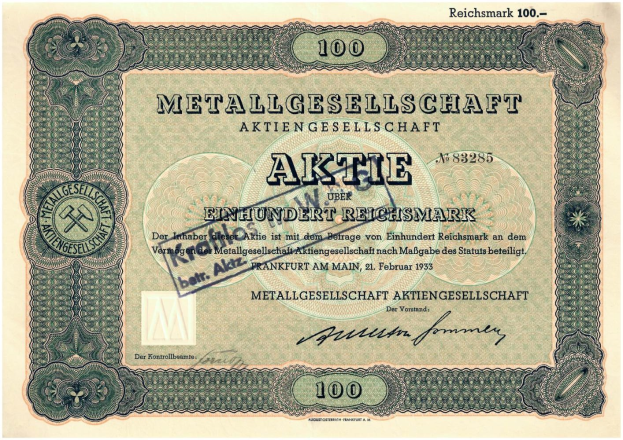 Alte deutsche 100 Reichsmark-Banknote von 1933 mit 'Metallgesellschaft Aktie'aufgedrucktem Text.