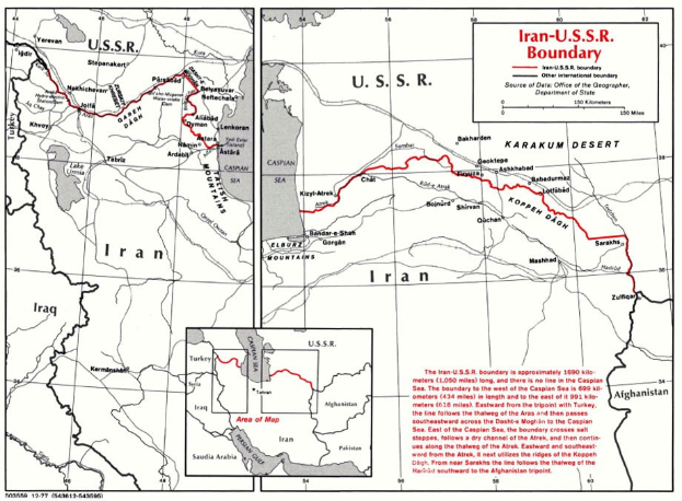 Detailierte Karte der iranisch-sowjetischen Grenze mit geografischen Merkmalen und Landesgrenzen sowie erklärendem Text.