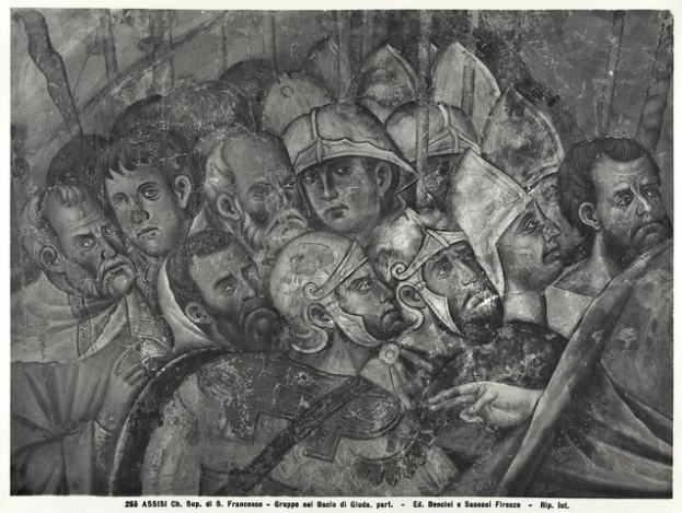 Eine Schwarz-Weiß-Zeichnung einer Gruppe verzweifelter Männer in einer Menge, mit Text unten: "Assisi Ch. Sip. di Francesco, Gruppo nel Bacio di Glada, Part. Ed. Benesoli e Sassoli Firenze - Rip, Ist."