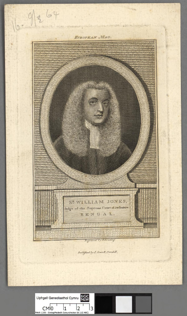 Portrait von Sir William Jones, einem Richter des Obersten Gerichtshofs von Bengalen, der eine schwarze Robe trägt und einen ernsten Gesichtsausdruck hat, hält ein Papier mit der Inschrift "Sir William Jones".
