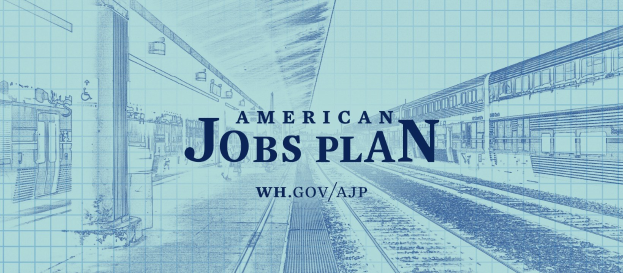Blaupause eines Bahnhofs mit der Aufschrift "American Jobs Plan" und einem Zug auf der rechten Seite.