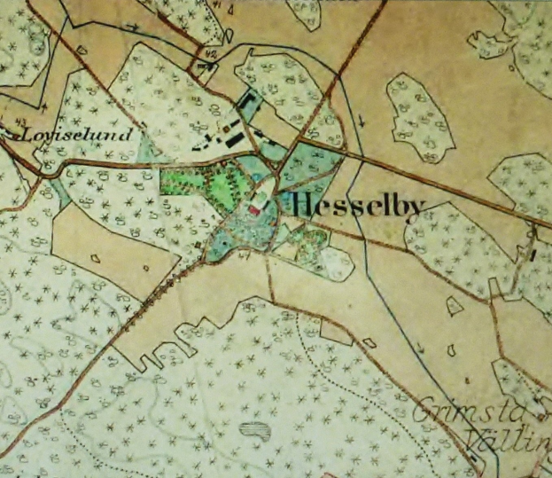 Ein detaillierter alter Stadtplan von Hesselby, mit Text und Zahlen versehen, um den Standort der Stadt anzuzeigen, mit Straßen, Gebäuden und Landmarken.