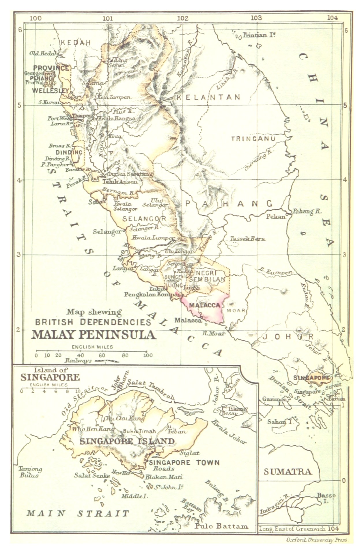 Eine detaillierte Karte von Malaysia mit Gebieten des britischen Empire, die hervorgehoben sind, zeigt Provinzen, Städte, Hauptstädte und geografische Merkmale.