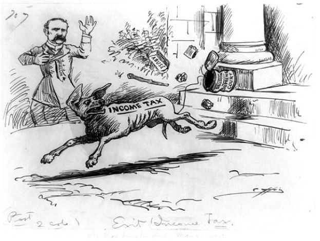 Ein Cartoon-Mann läuft nach links, während ein Hund mit der Aufschrift 'Einkommensteuer' ihn auf der rechten Seite jagt, mit verstreuten Gegenständen im Hintergrund.