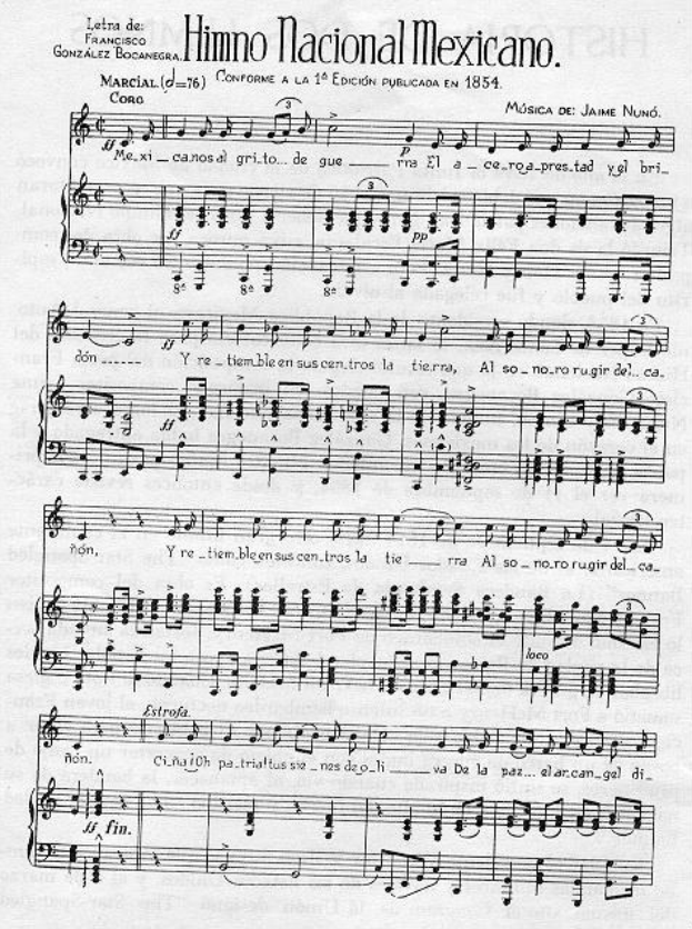 Notenblatt mit der Bezeichnung "Himno Nacional Mexicano" in traditioneller mexikanischer Musiknotation im 4/4-Takt, eingerahmt von einem schwarzen Rand.