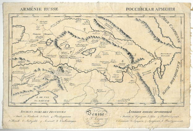 Alte Karte von Armenien und Russland mit detaillierten geografischen Merkmalen einschließlich Flüsse, Berge und Städte, begleitet von beschreibendem Text.