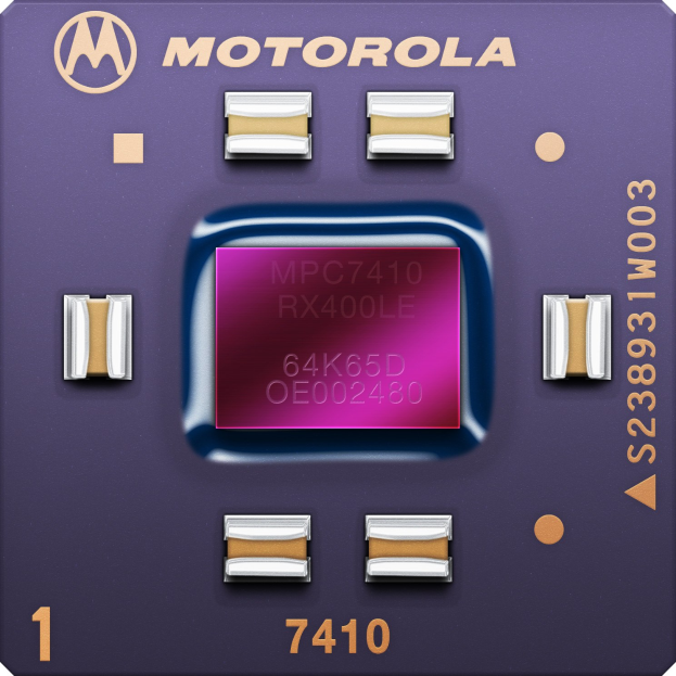 Motorola 7410 Mikroprozessorchip mit Motorola-Logo, rechteckig mit abgerundeten Ecken, kleine mittige Löcher und fetter schwarzer Text.