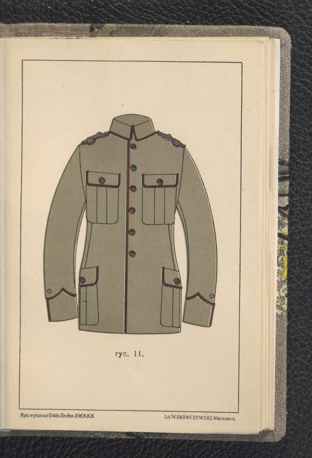 Offenes Buch mit einer Zeichnung einer Militäruniform mit Hemd, langen Ärmeln, Gürtel und Schnalle, betitelt mit "Militäruniform".