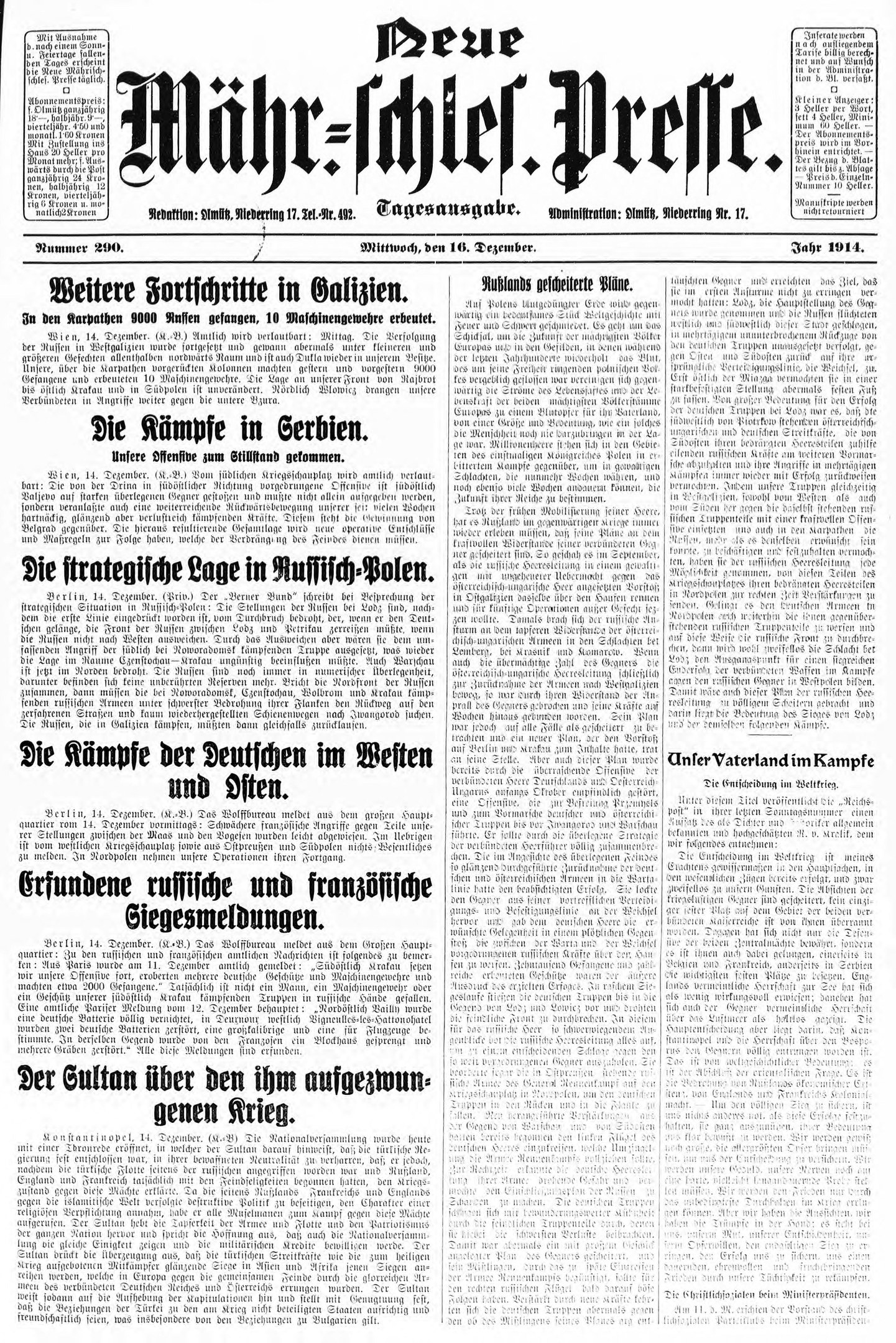 Titelseite einer deutschen Zeitung vom 18. September 1914 mit einem Schwarz-Weiß-Foto eines Mannes im Anzug und Krawatte, mit der Schlagzeile "Deutscher Reichstag, Vol 1, No 1".