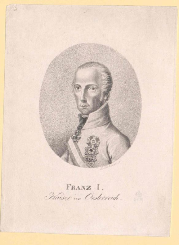 Porträt von Franz I., Kaiser von Österreich, in militärischer Uniform mit der Aufschrift 'Franz I.' unten.